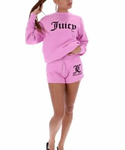 JUICY COUTURE TRACKSUITS ORCHID PINK FLOCKED CREW NECK SWEATSHIRT