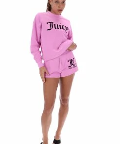 JUICY COUTURE TRACKSUITS ORCHID PINK FLOCKED MID-RISE TRACK SHORTS