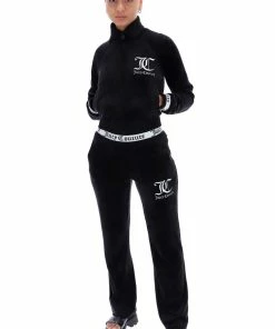 JUICY COUTURE SPRING SUMMER '22 COLLECTION BLACK STRIPED WAISTBAND VELOUR TRACKSUIT BOTTOMS