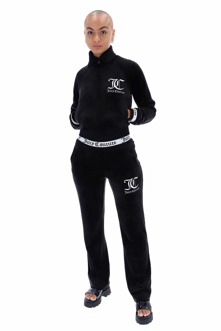 JUICY COUTURE SPRING SUMMER '22 COLLECTION BLACK STRIPED WAISTBAND VELOUR TRACKSUIT BOTTOMS
