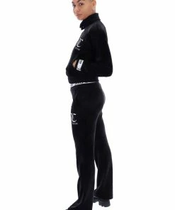 JUICY COUTURE SPRING SUMMER'22 COLLECTION BLACK STRIPED WAISTBAND VELOUR TRACKSUIT BOTTOMS