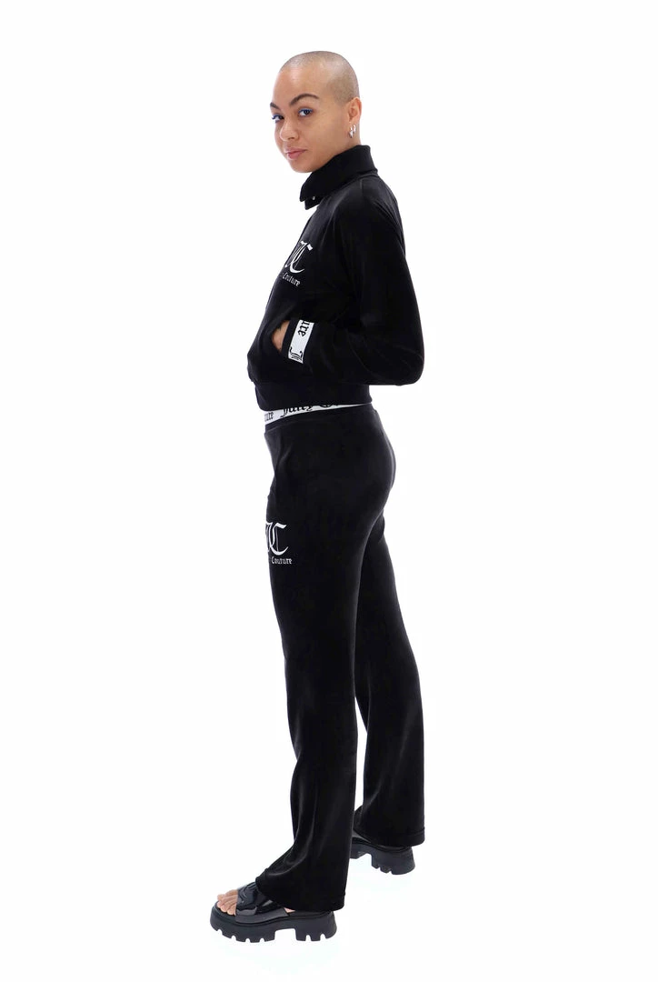JUICY COUTURE SPRING SUMMER '22 COLLECTION BLACK STRIPED WAISTBAND VELOUR TRACKSUIT BOTTOMS