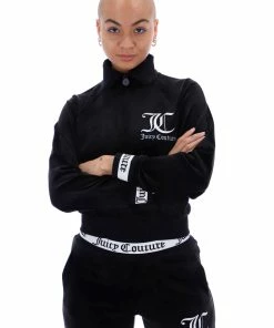 JUICY COUTURE SPRING SUMMER '22 COLLECTION BLACK VELOUR STRIPED CUFF TRACK JACKET