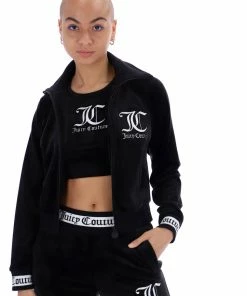 JUICY COUTURE SPRING SUMMER'22 COLLECTION BLACK VELOUR STRIPED CUFF TRACK JACKET