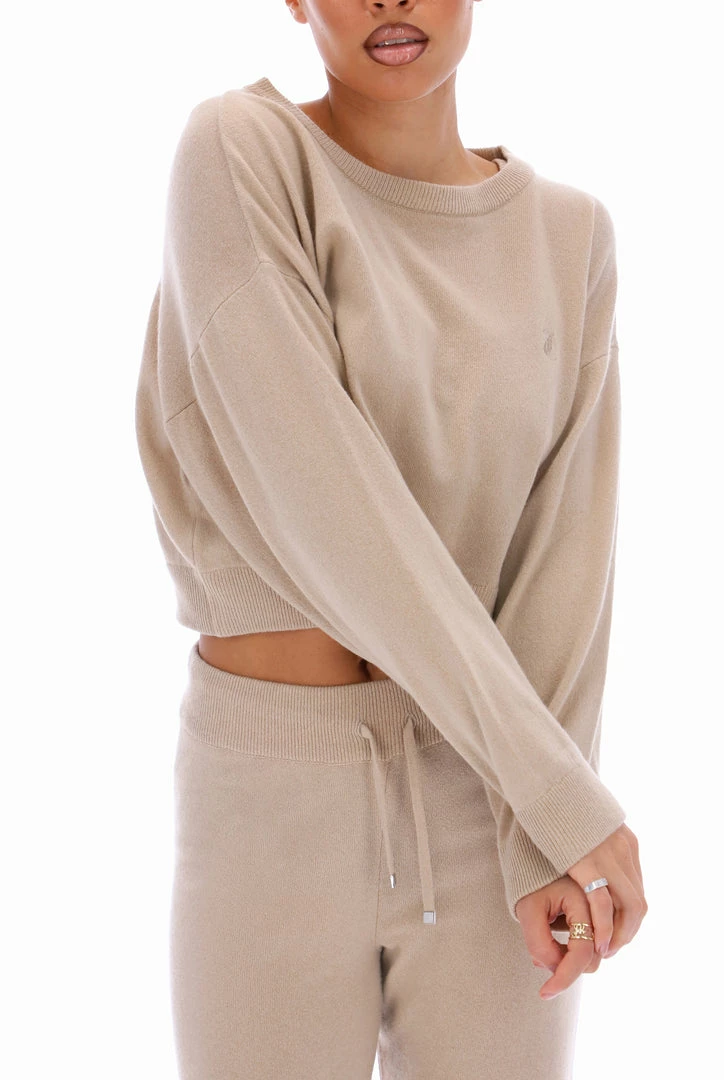 JUICY COUTURE TOPS WARM TAUPE CASHMERE BLEND KNITTED CREW