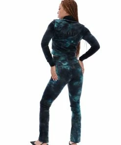 JUICY COUTURE GREEN TIE DYE VELOUR DIAMANTE FLARED PANTS