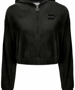 JUICY COUTURE BLACK RIB LOUNGE VELOUR HOODIE TRACKSUITS