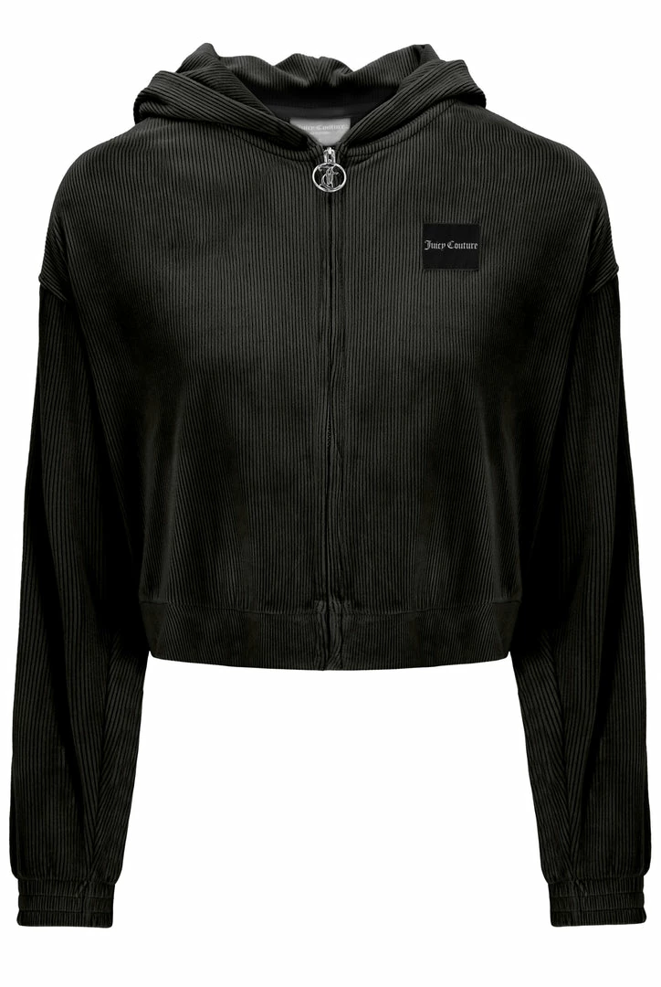 JUICY COUTURE BLACK RIB LOUNGE VELOUR HOODIE TRACKSUITS