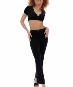 JUICY COUTURE BLACK ULTRA VELOUR BAR DETAIL FLARED PANTS TRACKSUITS