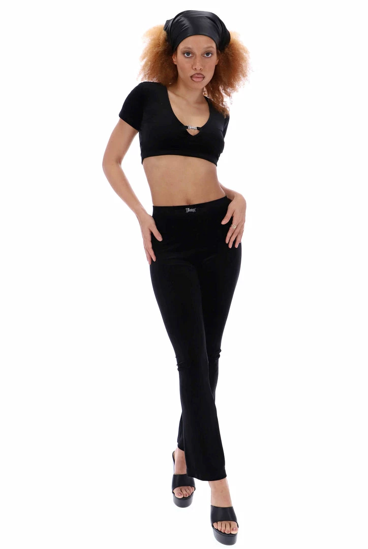 JUICY COUTURE BLACK ULTRA VELOUR BAR DETAIL FLARED PANTS TRACKSUITS