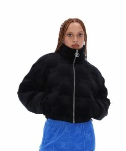 JUICY COUTURE BLACK VELOUR MONOGRAM PUFFER JACKET OUTERWEAR