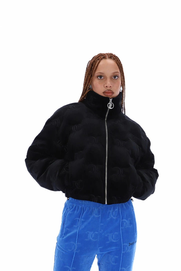 JUICY COUTURE BLACK VELOUR MONOGRAM PUFFER JACKET OUTERWEAR