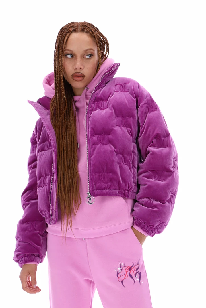 JUICY COUTURE PURPLE VELOUR MONOGRAM PUFFER JACKET OUTERWEAR