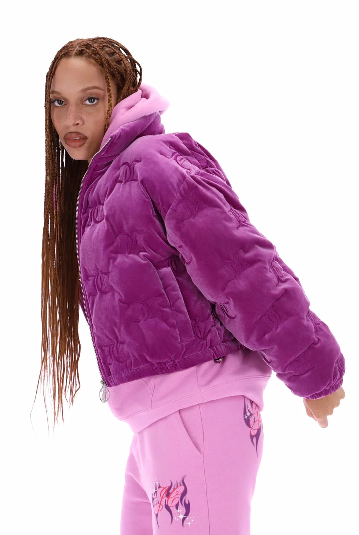 JUICY COUTURE PURPLE VELOUR MONOGRAM PUFFER JACKET OUTERWEAR
