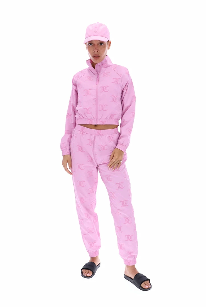 JUICY COUTURE ORCHID FLOCKED MONOGRAM PONGEE TRACK JOGGER