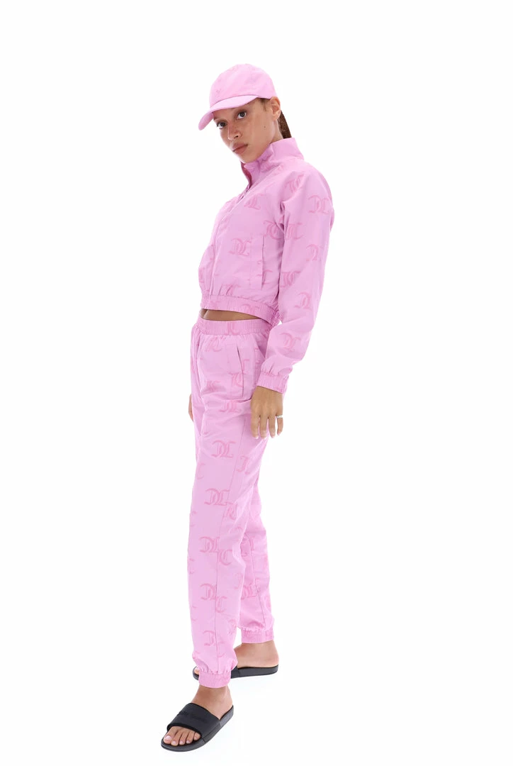 JUICY COUTURE ORCHID FLOCKED MONOGRAM PONGEE TRACK JOGGER