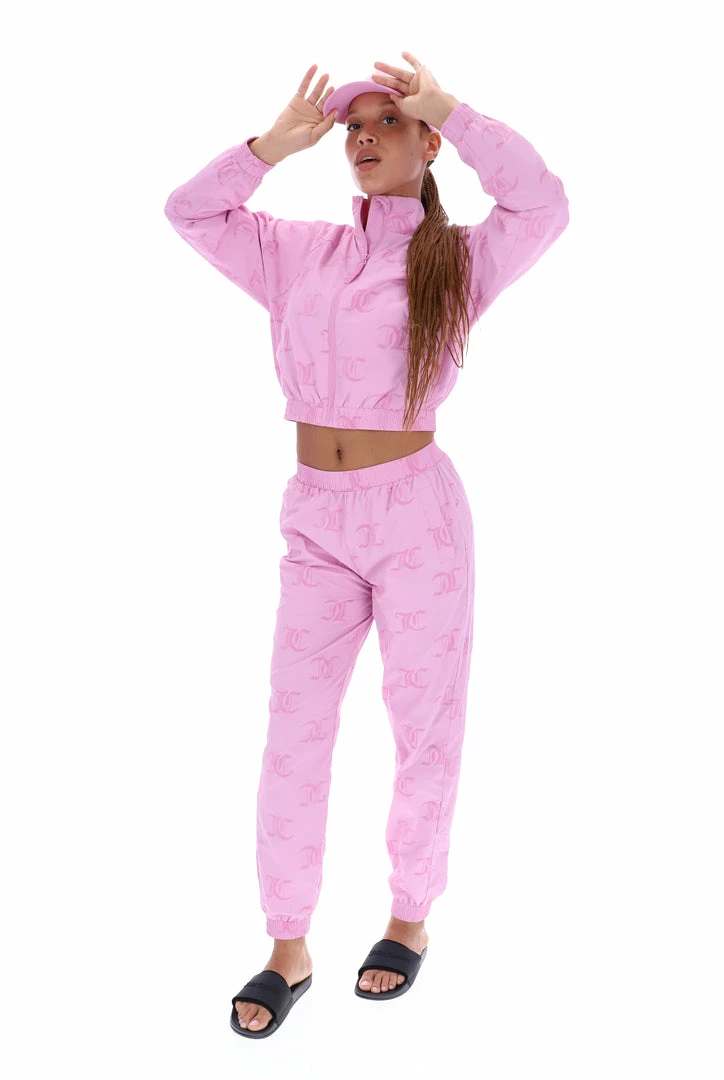 JUICY COUTURE ORCHID FLOCKED MONOGRAM PONGEE TRACK JOGGER