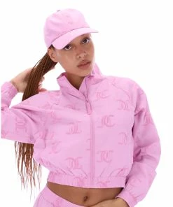 JUICY COUTURE ACCESSORIES ORCHID PINK FLOCKED MONOGRAM PONGEE BASEBALL CAP