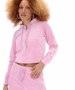 JUICY COUTURE PINK PETAL DIAMANTE VELOUR ZIP-THROUGH HOODIE