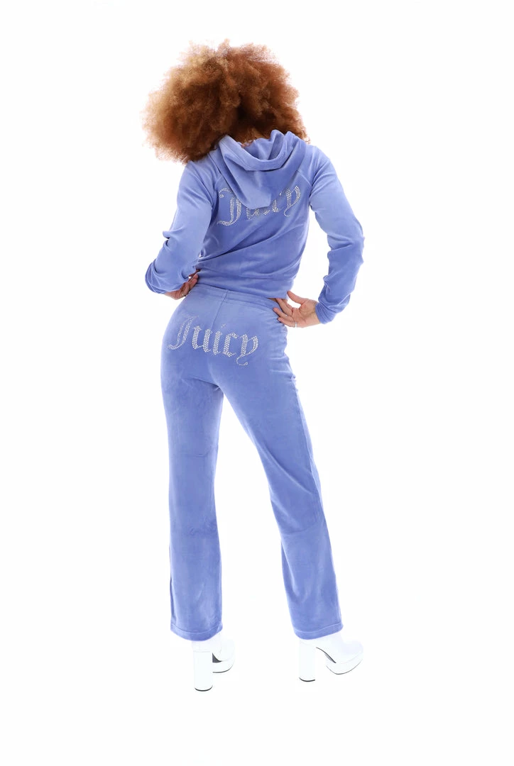 JUICY COUTURE BAJA BLUE DIAMANTE VELOUR ZIP-THROUGH HOODIE