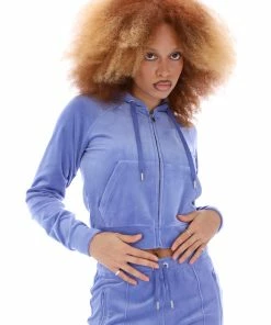 JUICY COUTURE BAJA BLUE DIAMANTE VELOUR ZIP-THROUGH HOODIE