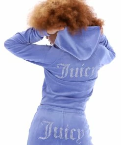 JUICY COUTURE BAJA BLUE DIAMANTE VELOUR ZIP-THROUGH HOODIE