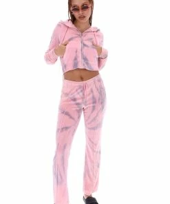 JUICY COUTURE PINK TIE DYE LUXE VELOUR DIAMANTE HOODIE TRACKSUITS