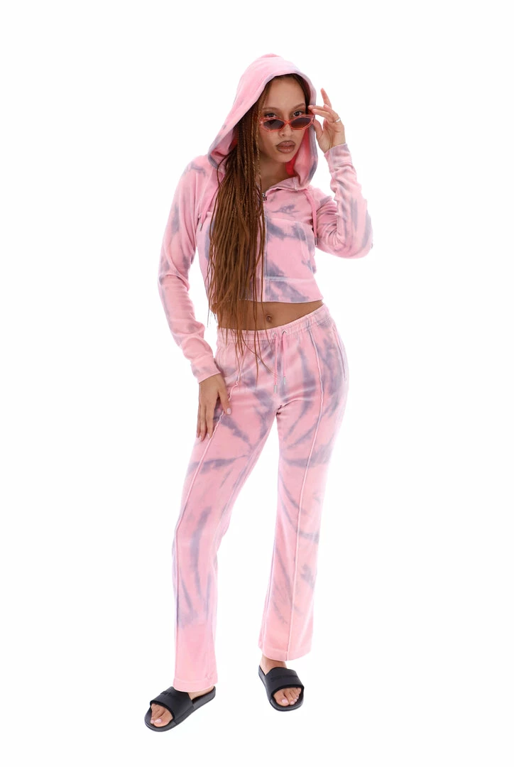 JUICY COUTURE PINK TIE DYE LUXE VELOUR DIAMANTE HOODIE TRACKSUITS