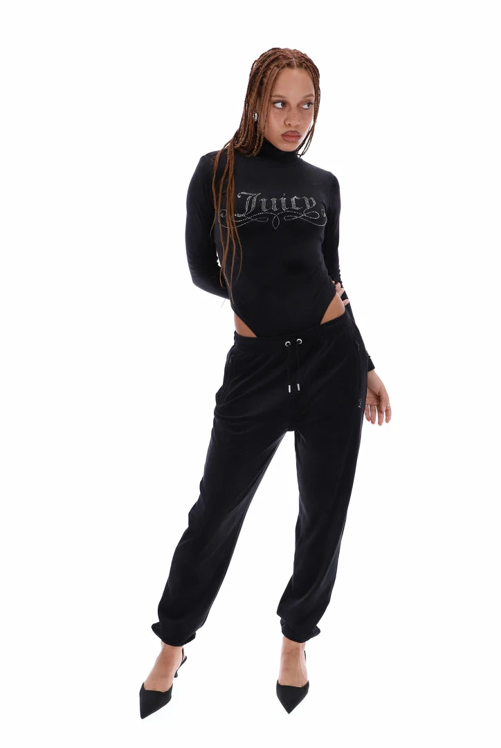 JUICY COUTURE TOPS BLACK DIAMANTE HIGH NECK VELOUR BODYSUIT