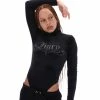 JUICY COUTURE TOPS BLACK DIAMANTE HIGH NECK VELOUR BODYSUIT
