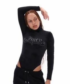JUICY COUTURE TOPS BLACK DIAMANTE HIGH NECK VELOUR BODYSUIT