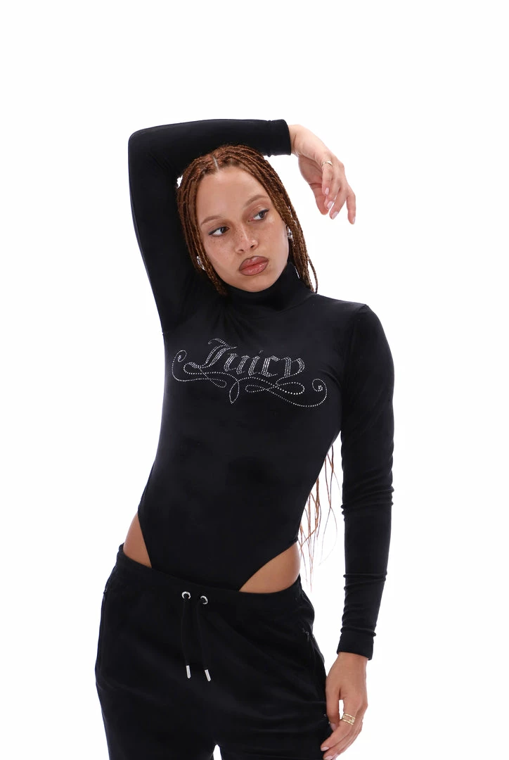JUICY COUTURE TOPS BLACK DIAMANTE HIGH NECK VELOUR BODYSUIT