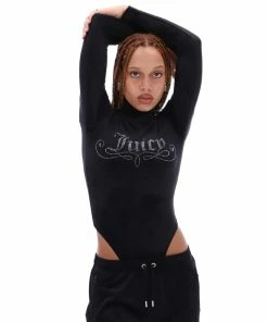 JUICY COUTURE TOPS BLACK DIAMANTE HIGH NECK VELOUR BODYSUIT