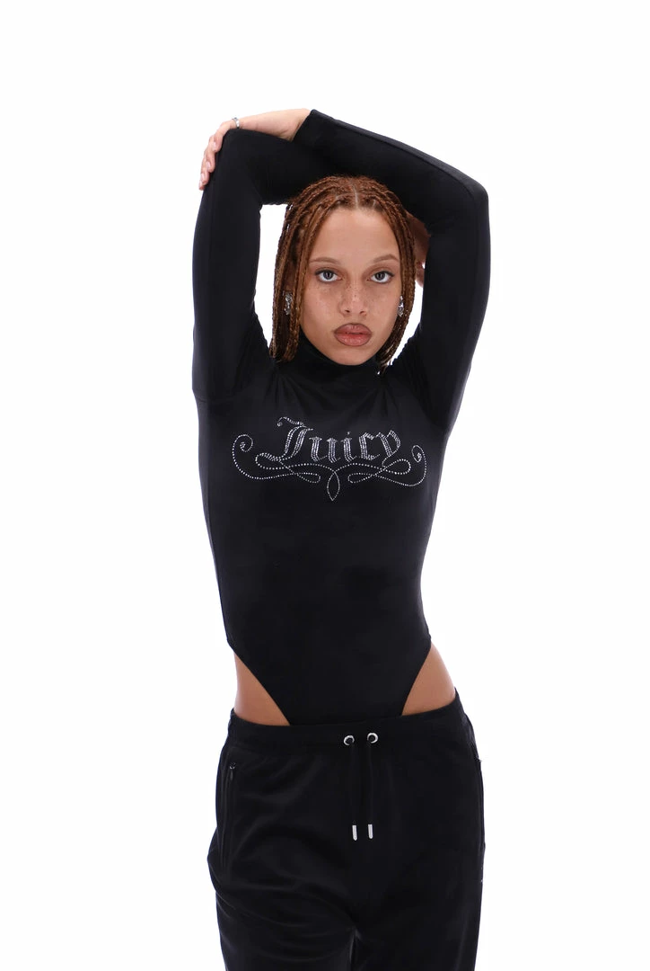 JUICY COUTURE TOPS BLACK DIAMANTE HIGH NECK VELOUR BODYSUIT
