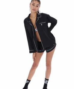 JUICY COUTURE TOPS BLACK SATIN EMBROIDERED PYJAMA SHIRT