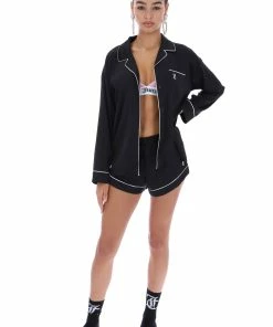 JUICY COUTURE TOPS BLACK SATIN EMBROIDERED PYJAMA SHIRT