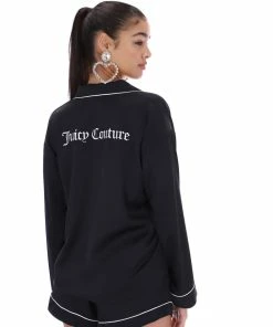 JUICY COUTURE TOPS BLACK SATIN EMBROIDERED PYJAMA SHIRT