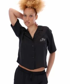 JUICY COUTURE BLACK SATIN SCRIPT SHORT SLEEVE PYJAMA SHIRT