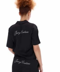 JUICY COUTURE BLACK SATIN SCRIPT SHORT SLEEVE PYJAMA SHIRT