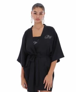 JUICY COUTURE BLACK SATIN DIAMANTE ROBE LOUNGEWEAR