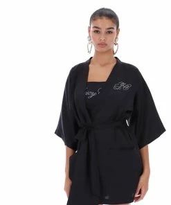 JUICY COUTURE BLACK SATIN DIAMANTE ROBE LOUNGEWEAR