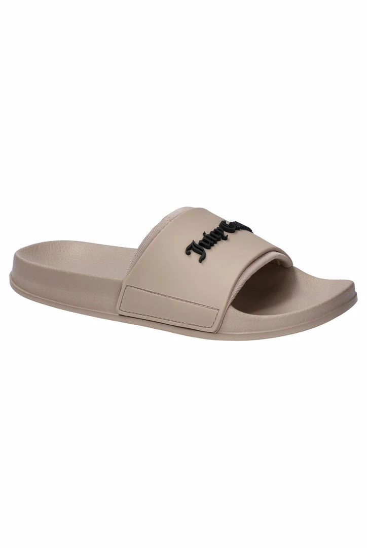 JUICY COUTURE WARM TAUPE EMBOSSED LOGO SLIDERS