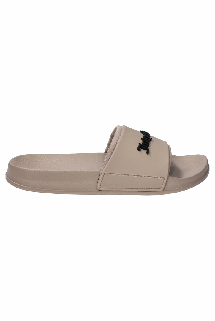 JUICY COUTURE WARM TAUPE EMBOSSED LOGO SLIDERS