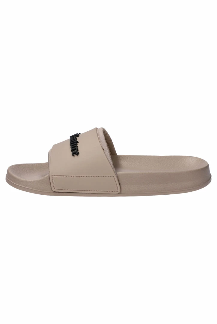 JUICY COUTURE WARM TAUPE EMBOSSED LOGO SLIDERS