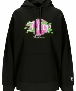 JUICY COUTURE SPRING SUMMER '22 COLLECTION BLACK FANTASY FLORAL GRAPHIC FLEECE HOODIE