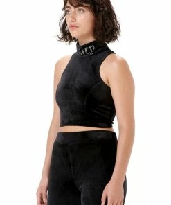 JUICY COUTURE BLACK RACER VELOUR DIAMANTE CROP TOPS