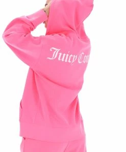 JUICY COUTURE FLURO PINK GRAPHIC FLEECE BOYFRIEND ZIP HOODIE