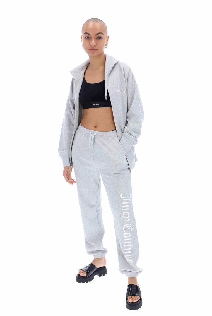 JUICY COUTURE SPRING SUMMER '22 COLLECTION SILVER MARL GRAPHIC FLEECE BOYFRIEND ZIP HOODIE
