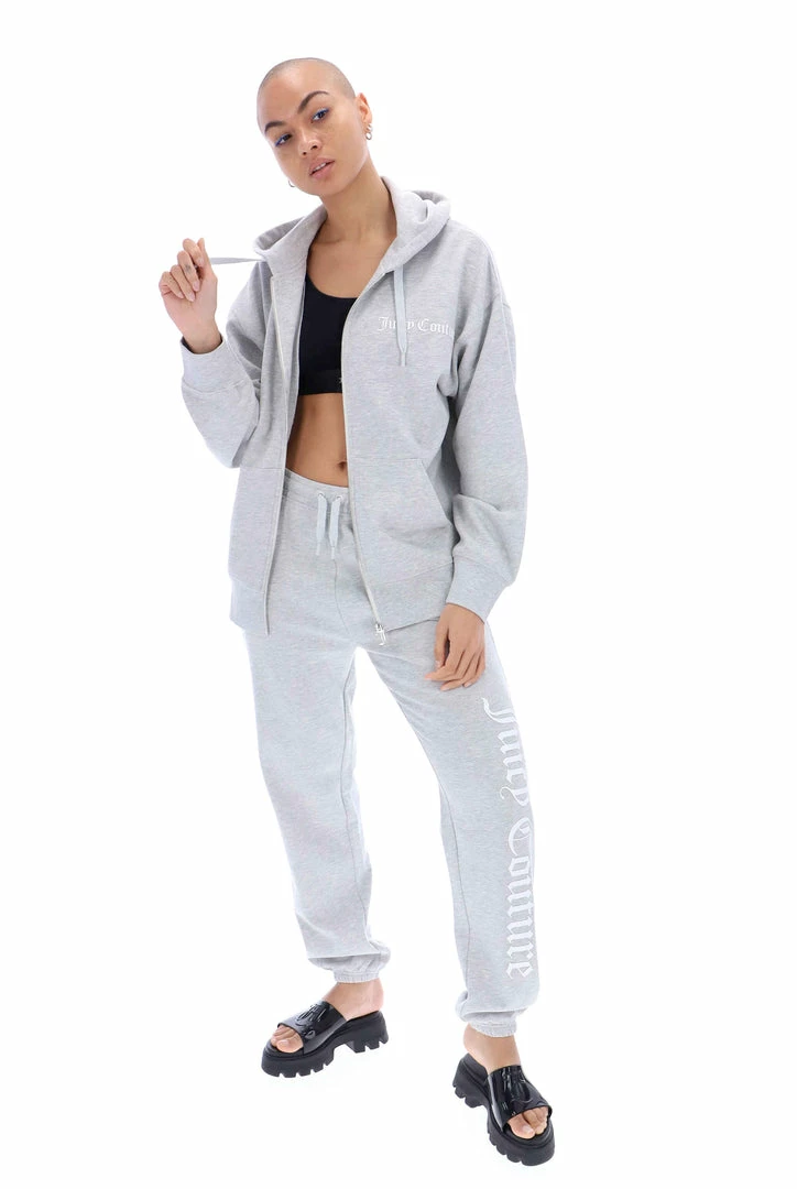 JUICY COUTURE SPRING SUMMER '22 COLLECTION SILVER MARL GRAPHIC FLEECE BOYFRIEND ZIP HOODIE