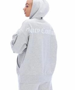 JUICY COUTURE SPRING SUMMER '22 COLLECTION SILVER MARL GRAPHIC FLEECE BOYFRIEND ZIP HOODIE